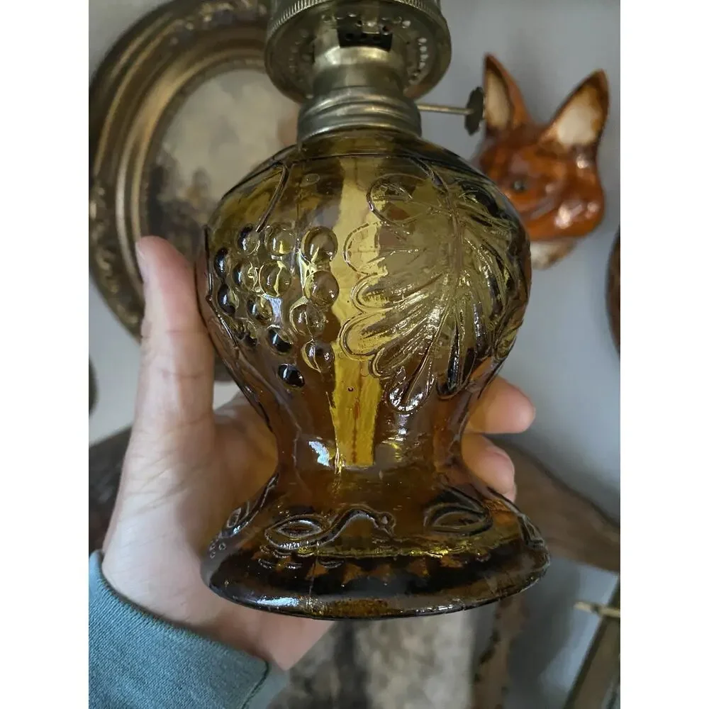 Vintage Amber Glass Oil Lamp Grapes And Leaves Embossed Glass With Wick